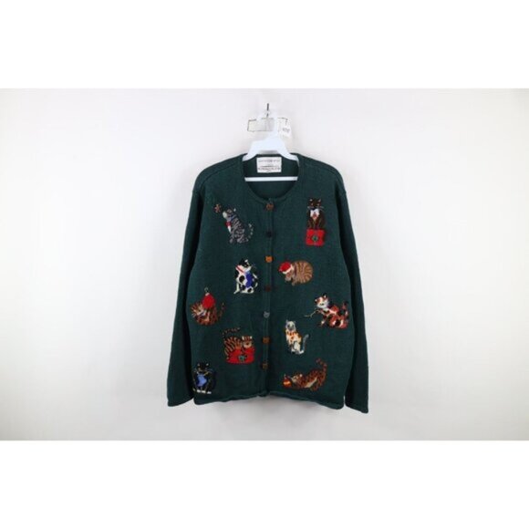 Vintage Sweaters - Vintage Y2K 2001 Womens 3X Christmas Cat Bells Wool Blend Knit Cardigan Sweater